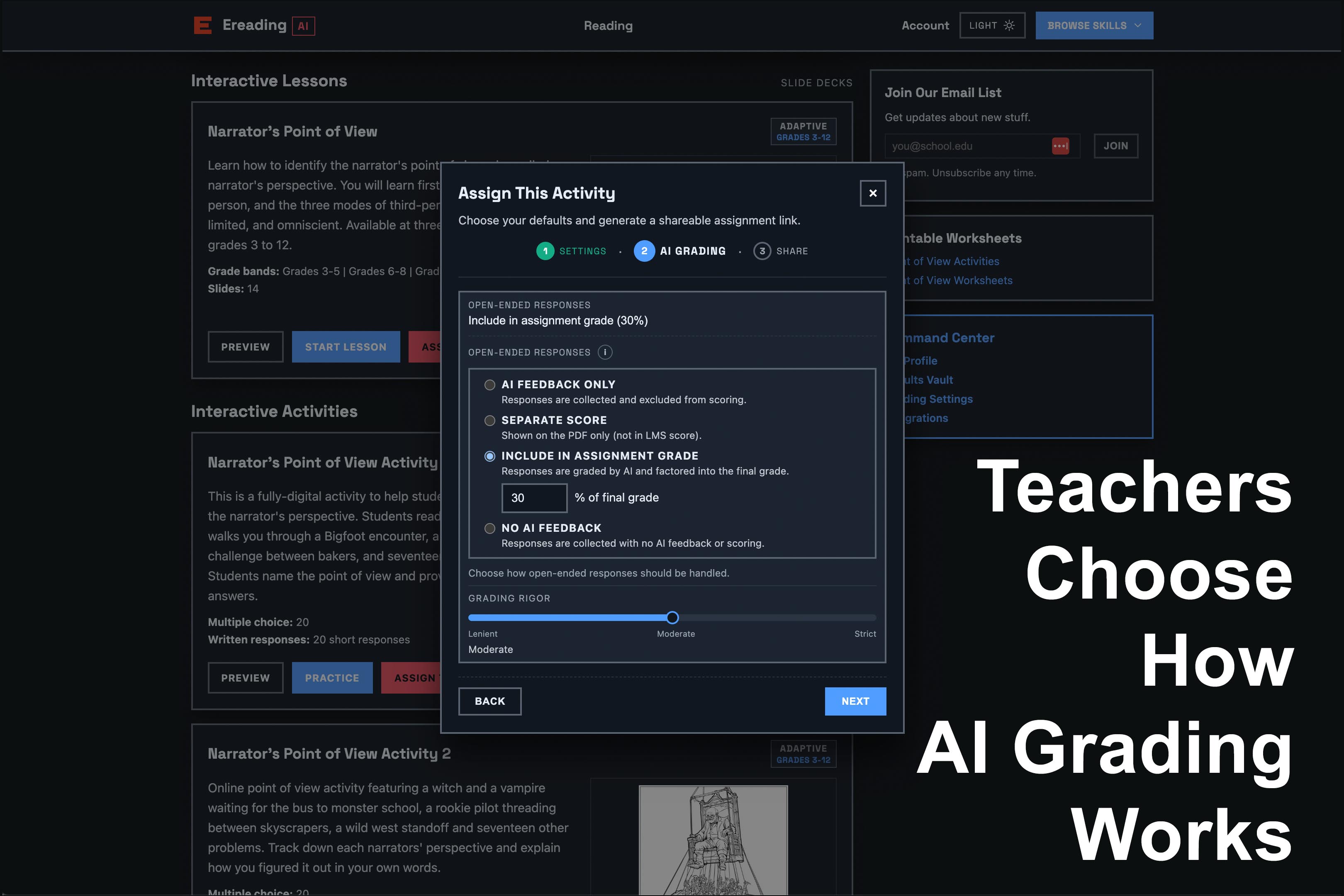 Here is a screenshot of a user assigning an activity. They are selecting how the AI grading will be utilized.