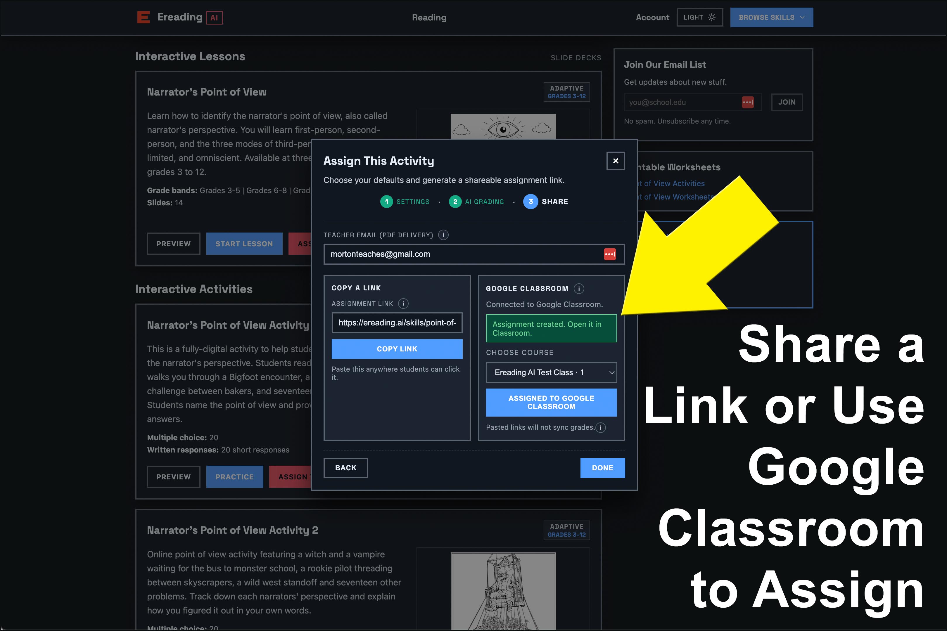 Here is a screenshot of a user assigning an activity. They are choosing to assign the activity through Google Classroom.