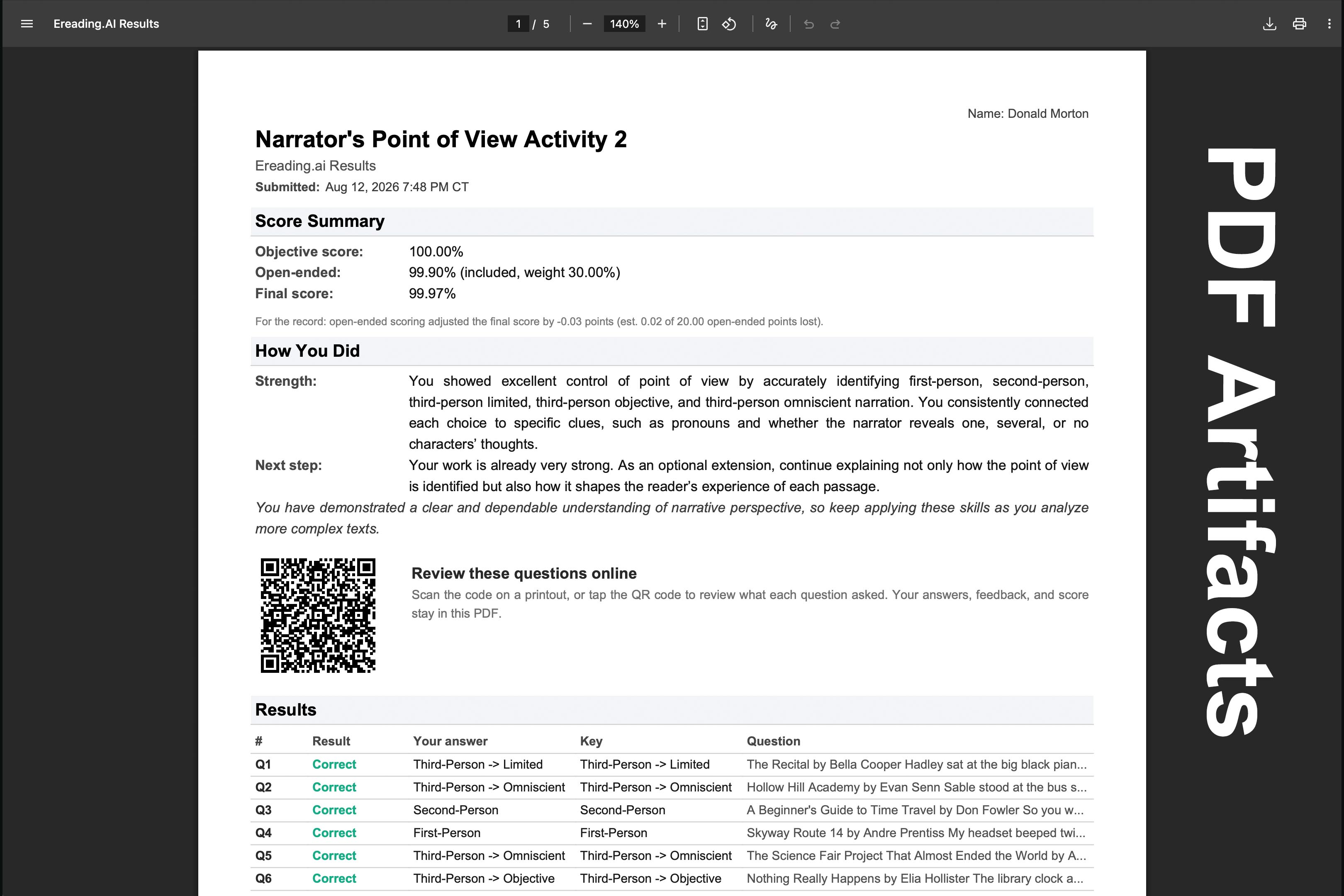 Here is a screenshot of a PDF artifact. It shows the student responses and the AI feedback.