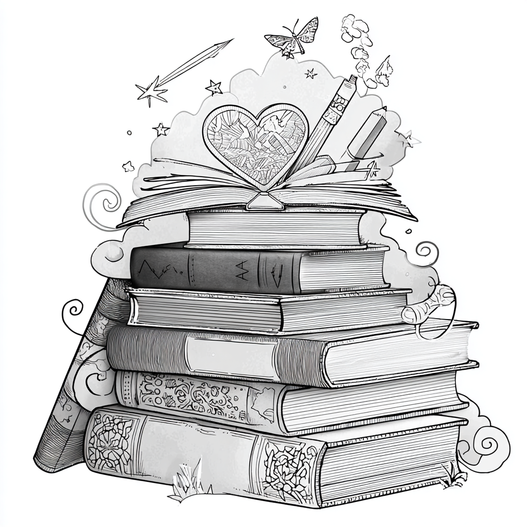 A stack of books as the foundation with various literary tools emerging from the top book including a symbolic heart for theme, intersecting paths for plot structure, character silhouettes, and decorative swirls representing figurative language.