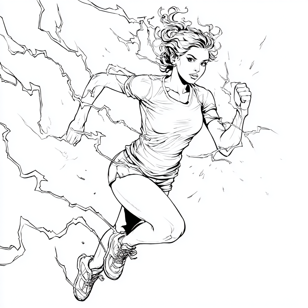 A dynamic outline of a young woman sprinting forward at blinding speed, lightning bolts trailing behind her like exhaust, motion lines emphasizing velocity.