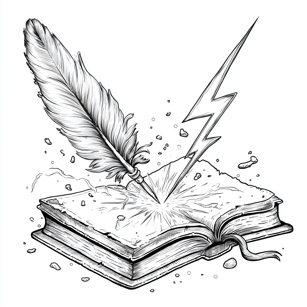 A feather quill with a bolt of energy sparking from the point as it hits an old tome
