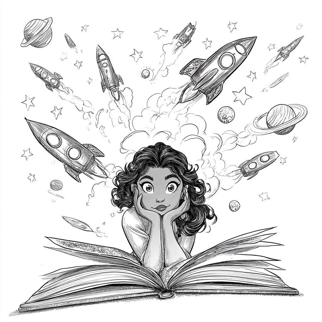 A curious student leaning over a magical book as rocket ships, stars, and planets emerge swirling from the pages, wide-eyed wonder