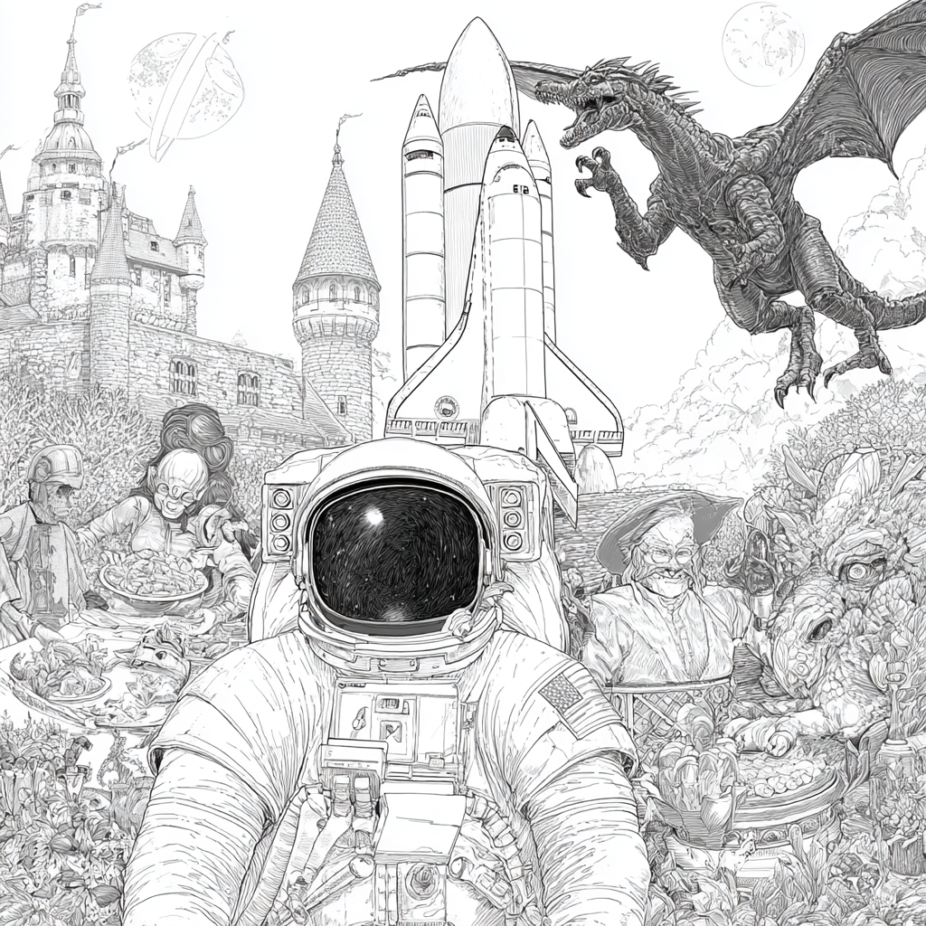 A vibrant collage of fiction genres: astronaut in spaceship for sci-fi, knight in castle for historical, family dinner for realistic, wizard battling dragon for fantasy