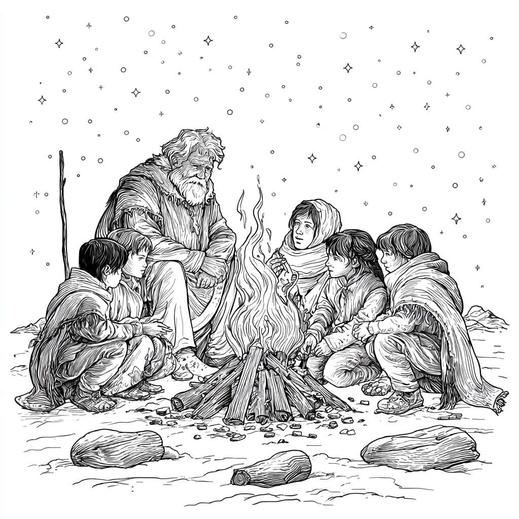 A family clan huddled by a campfire under starry skies, grandfather recounting a tale to grandchildren and relatives, dramatic shadows from flames highlighting intent faces and woven blankets.