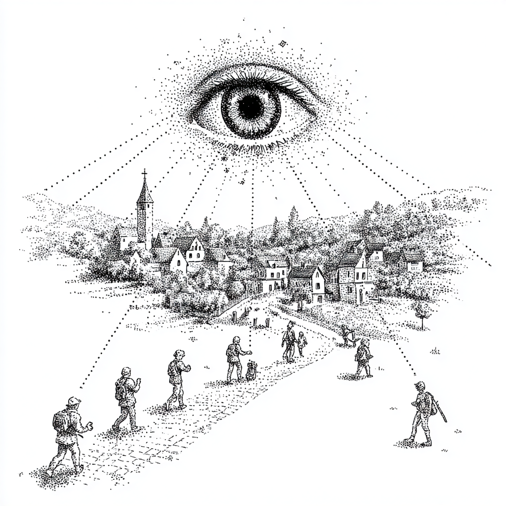A floating eye in the sky looking down at multiple characters walking through a town with dotted lines showing the eye can see into their thoughts.