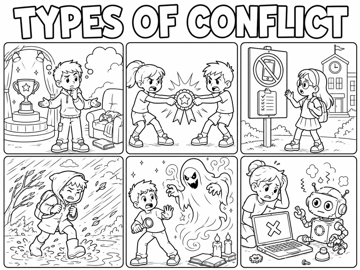 A coloring book style outline image showing examples of the 6 types of literary conflict.