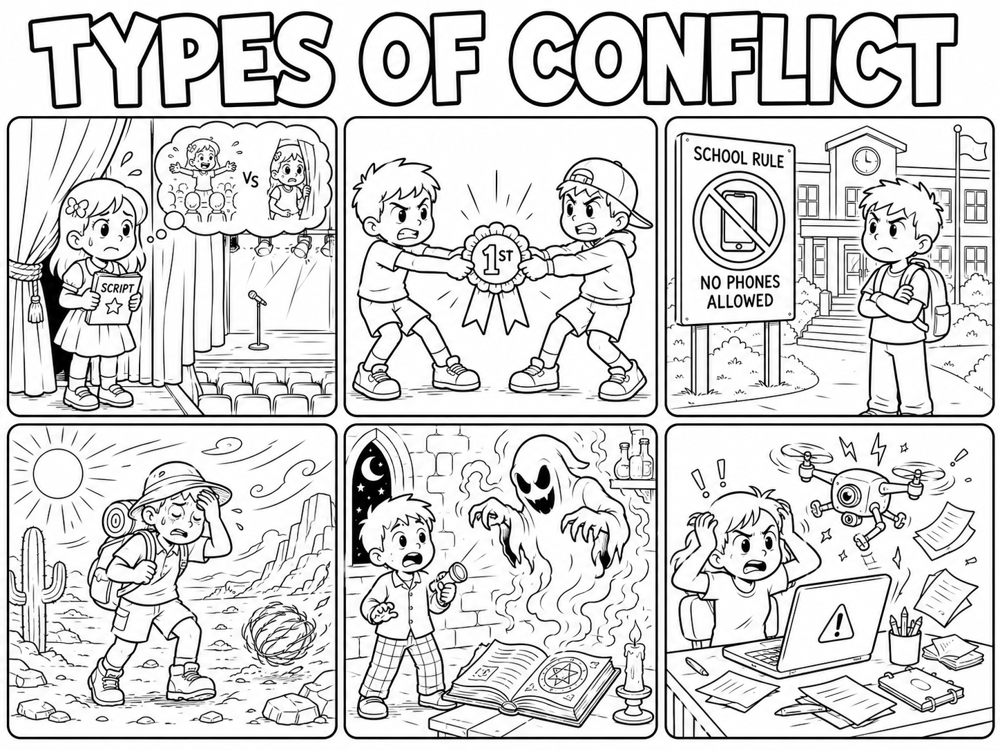 A coloring book style, outline image showing examples of the six different types of literary conflicts.