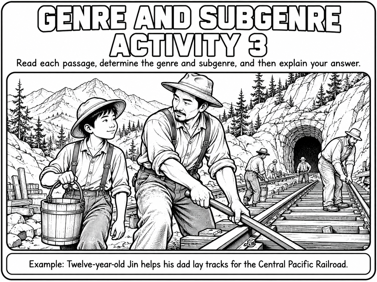 Black-and-white illustration titled Genre and Subgenre Activity 3. A boy in a wide-brimmed hat carries a wooden bucket and smiles up at a man who heaves a long iron rail into place on a railroad track. Behind them, other workers lay track toward a stone-lined tunnel cut into a rocky, forested mountainside. Caption: Twelve-year-old Jin helps his dad lay tracks for the Central Pacific Railroad.