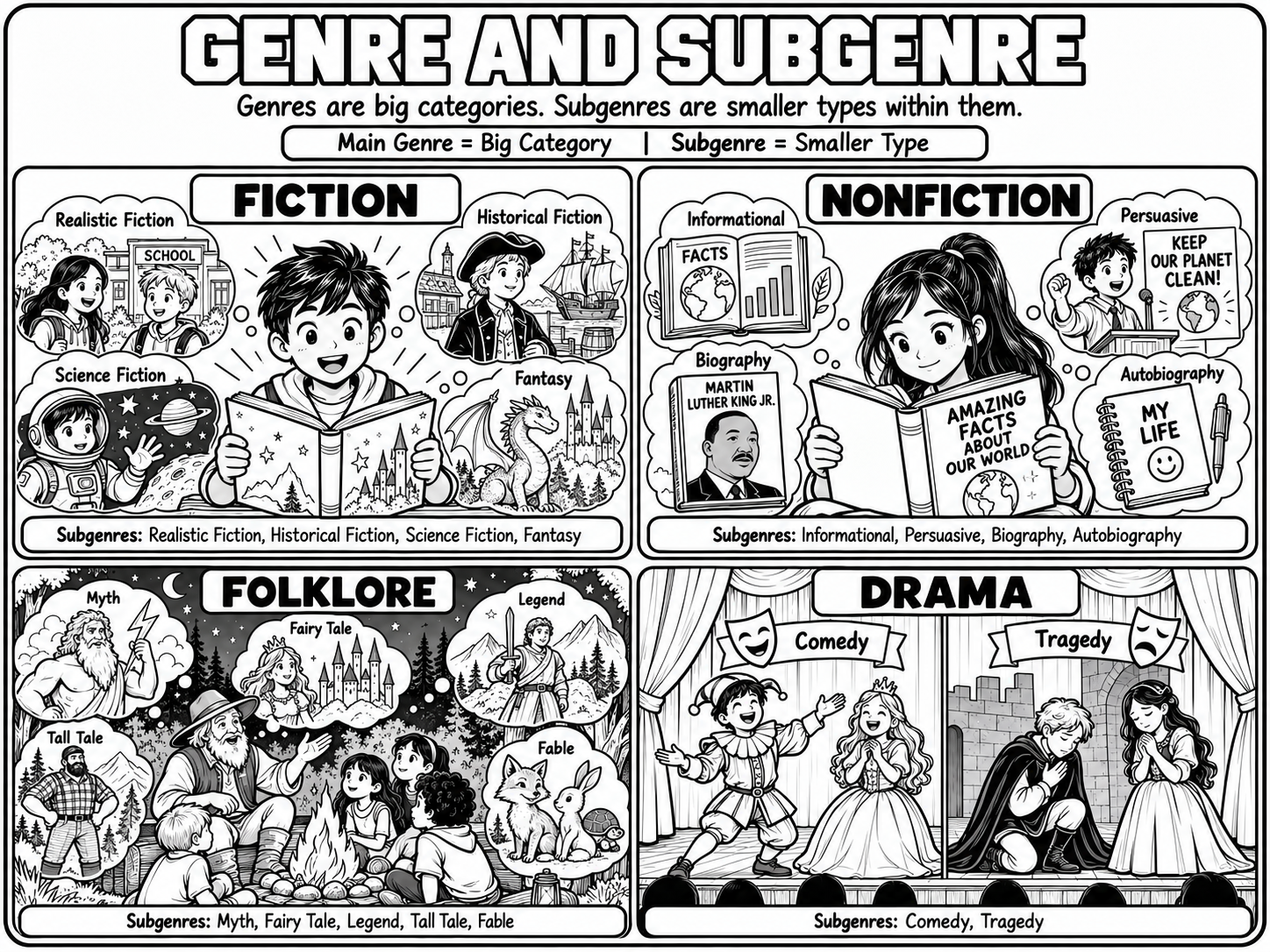 Black-and-white comic-style poster titled Genre and Subgenre with four panels. Fiction: a boy reads a book while thought bubbles show realistic fiction, historical fiction, science fiction, and fantasy. Nonfiction: a girl reads a fact book with bubbles for informational, persuasive, biography, and autobiography. Folklore: a storyteller at a campfire with bubbles for myth, fairy tale, legend, tall tale, and fable. Drama: comedy and tragedy stage scenes.