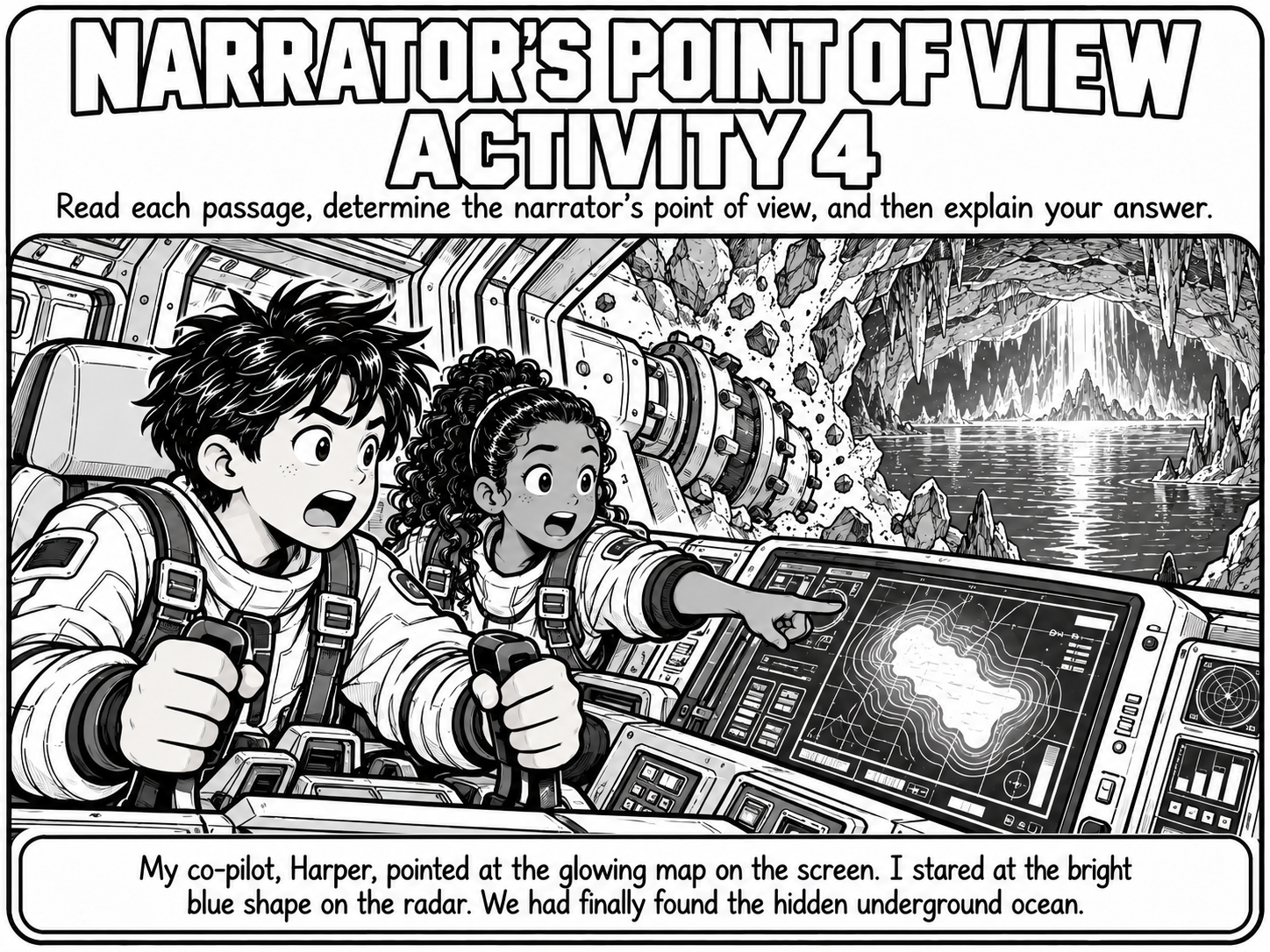 Black-and-white comic-style illustration titled Narrator's Point of View Activity 4. Two wide-eyed kids in spacesuits sit at the controls of a drilling vehicle. The girl points at a glowing map on a screen while the boy grips the steering handles. Beyond the drill, broken rock opens into a huge cave with hanging stalactites and a shimmering underground ocean. Caption: My co-pilot, Harper, pointed at the glowing map on the screen. I stared at the bright blue shape on the radar.