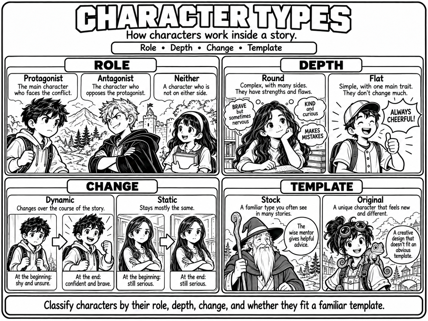 Black-and-white comic-style poster titled Character Types with four panels. Role: a determined boy, a smirking boy in a dark cloak, and a smiling girl holding books (protagonist, antagonist, neither). Depth: a thoughtful girl with strengths and flaws, and a cheerful boy in a cap giving a thumbs up (round, flat). Change: a shy boy becomes confident, while a serious girl stays serious (dynamic, static). Template: a wizard with a staff and a girl with goggles and a lizard (stock, original).