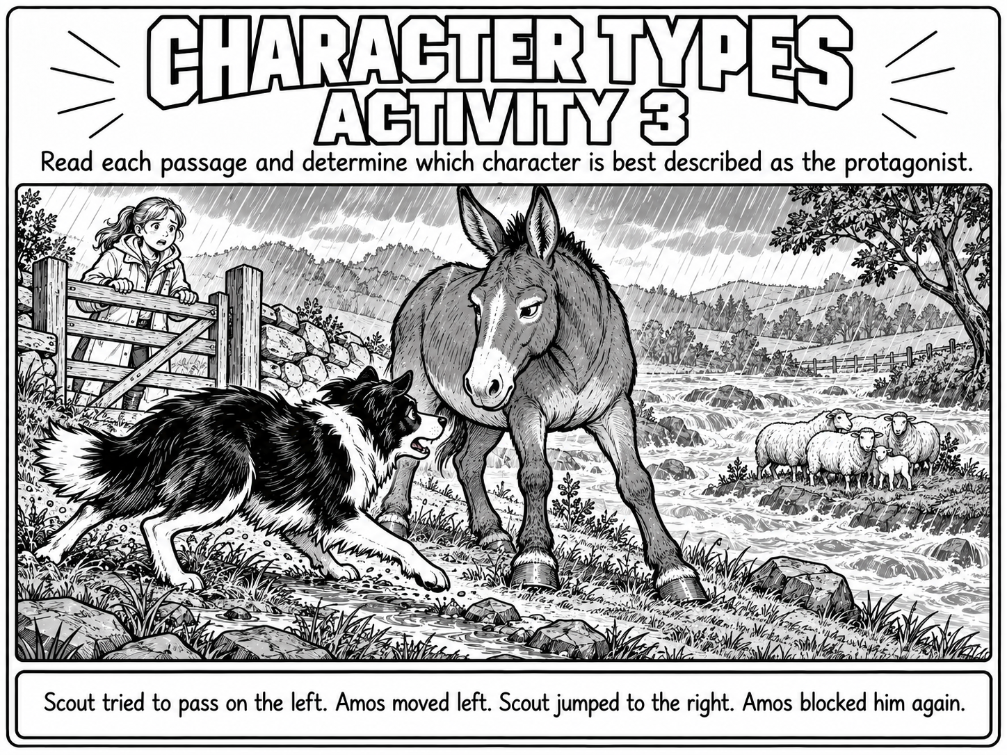 Black-and-white illustration titled Character Types Activity 3. In a heavy rainstorm, a black-and-white sheepdog crouches low and tries to slip past a large donkey that blocks its path. A worried girl in a raincoat watches from behind a wooden gate. In the background, a flooded river rushes past a small group of sheep huddled on a rocky patch. Caption: Scout tried to pass on the left. Amos moved left. Scout jumped to the right. Amos blocked him again.