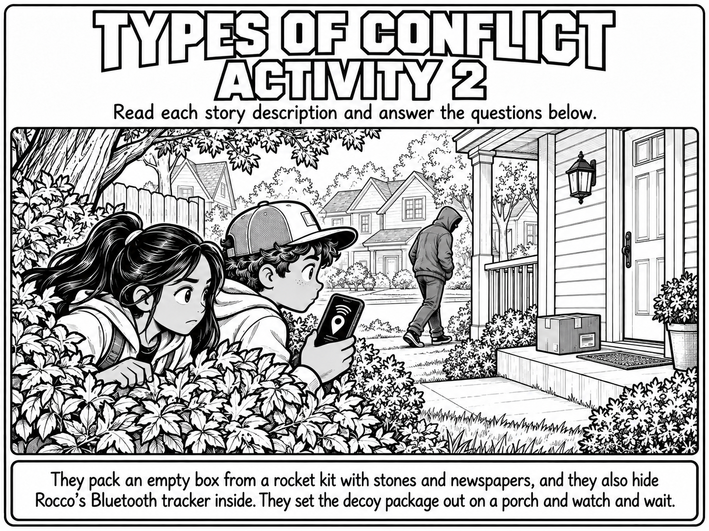 Black-and-white comic-style illustration titled Types of Conflict Activity 2. Two kids crouch behind leafy bushes, one in a ball cap holding a phone that shows a tracker symbol, and watch a suburban front porch. A cardboard package sits by the door while a hooded figure walks away down the path. Caption: They pack an empty box from a rocket kit with stones and newspapers, and they also hide Rocco's Bluetooth tracker inside. They set the decoy package out on a porch and watch and wait.