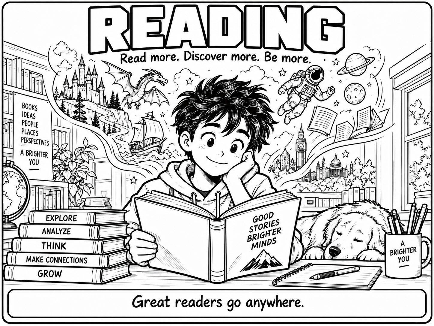 Black-and-white comic-style poster titled Reading, with the tagline "Read more. Discover more. Be more." A smiling boy rests his chin on his hand as he reads an open book at a desk. Swirling ribbons above him carry a castle, dragon, sailing ship, astronaut, planets, and a city skyline. A sleepy dog naps beside him, and a stack of books is labeled Explore, Analyze, Think, Make Connections, and Grow. Caption: Great readers go anywhere.