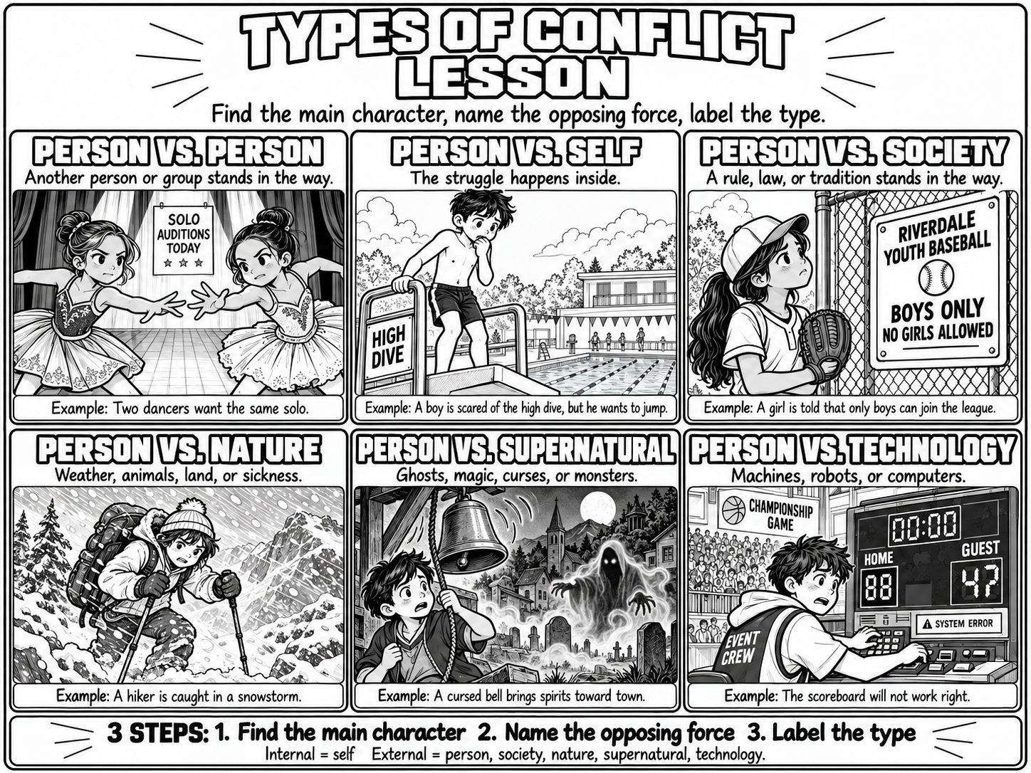 Black-and-white comic-style poster titled Types of Conflict Lesson with six panels. Person vs. person: two ballet dancers reach for the same solo. Person vs. self: a boy hesitates on a high dive. Person vs. society: a girl with a baseball glove stands by a Boys Only sign. Person vs. nature: a hiker struggles through a snowstorm. Person vs. supernatural: a boy pulls a bell rope as a ghost rises from a graveyard. Person vs. technology: a crew boy faces a scoreboard error.
