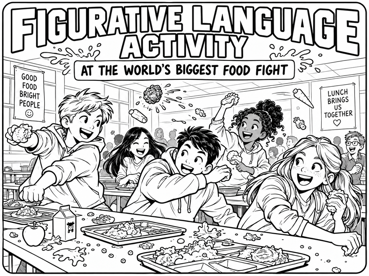 Black-and-white comic-style illustration titled Figurative Language Activity at the World's Biggest Food Fight. In a busy school cafeteria, laughing kids hurl clumps of food across the tables as carrots, lettuce, and splatters fly through the air. Lunch trays, an apple, and a milk carton sit on the tables, and banners on the walls read "Good food bright people" and "Lunch brings us together."